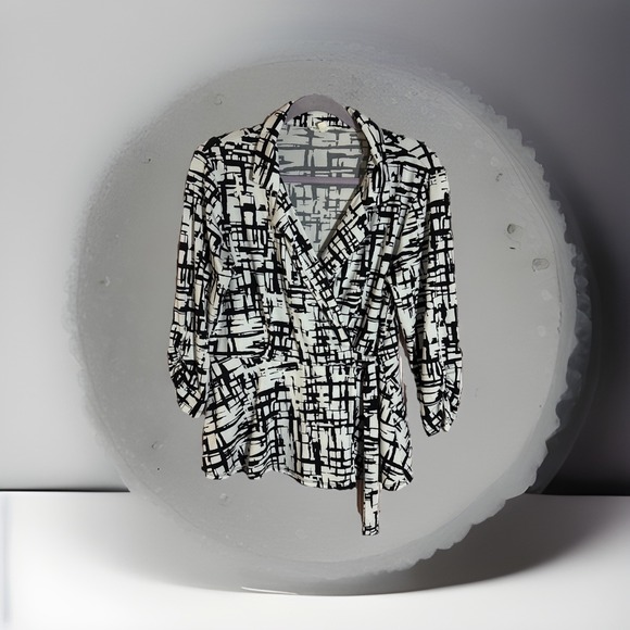 Black & White Tops - "Perseption Concept Women's Medium Wrap Blouse – Black White Abstract Print